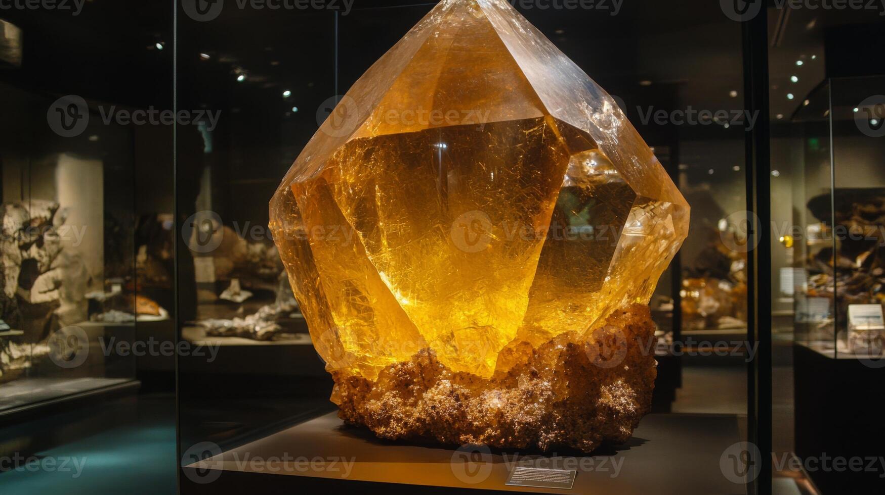 A stunning yellow gemstone stands prominently in a contemporary exhibition hall. Its facets catch the light, creating a radiant display that highlights the gem's natural brilliance and size. photo
