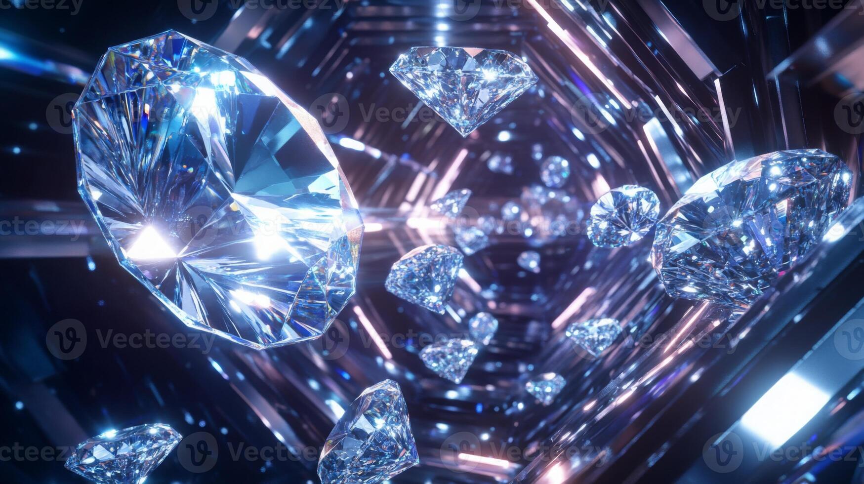 Glimmering gemstones float in a shimmering atmosphere filled with light reflections. The setting is a striking, futuristic space that highlights the beauty of these precious stones. photo