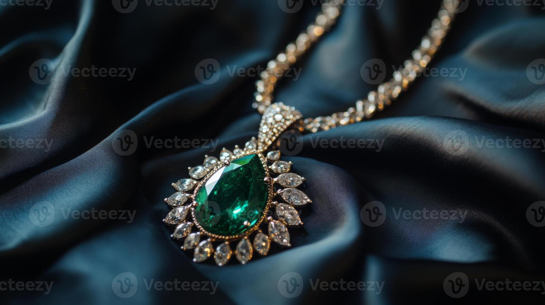 A stunning emerald gemstone pendant is elegantly set in a diamond-encrusted necklace, resting delicately on dark satin fabric, reflecting light beautifully, showcasing its exquisite craftsmanship. photo