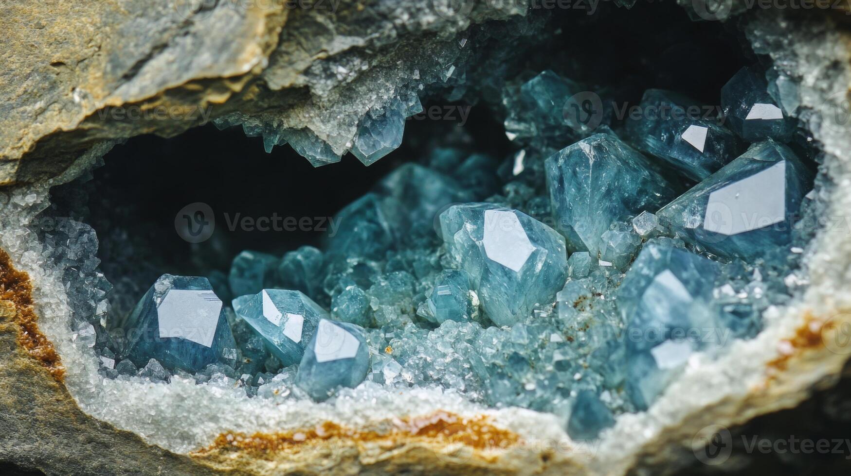 Close-up view of a cluster of gemstones nestled within a rocky formation. photo