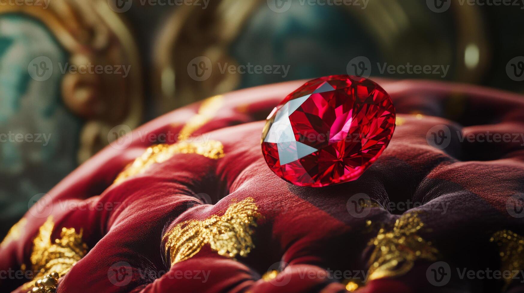 A striking red gemstone is elegantly positioned on a plush velvet cushion adorned with golden embellishments. The background hints at an opulent environment, enhancing its allure. photo