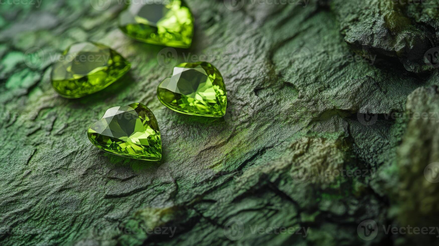 Green gemstones in a heart shape are arranged on a rough, textured surface, highlighting their brilliance. photo