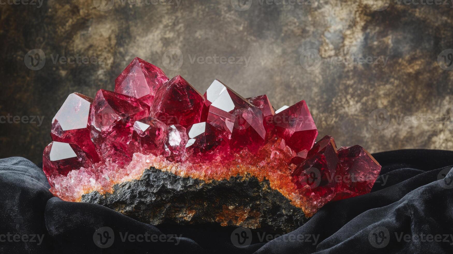 A stunning cluster of vibrant red gemstones sits elegantly on a dark fabric backdrop. photo