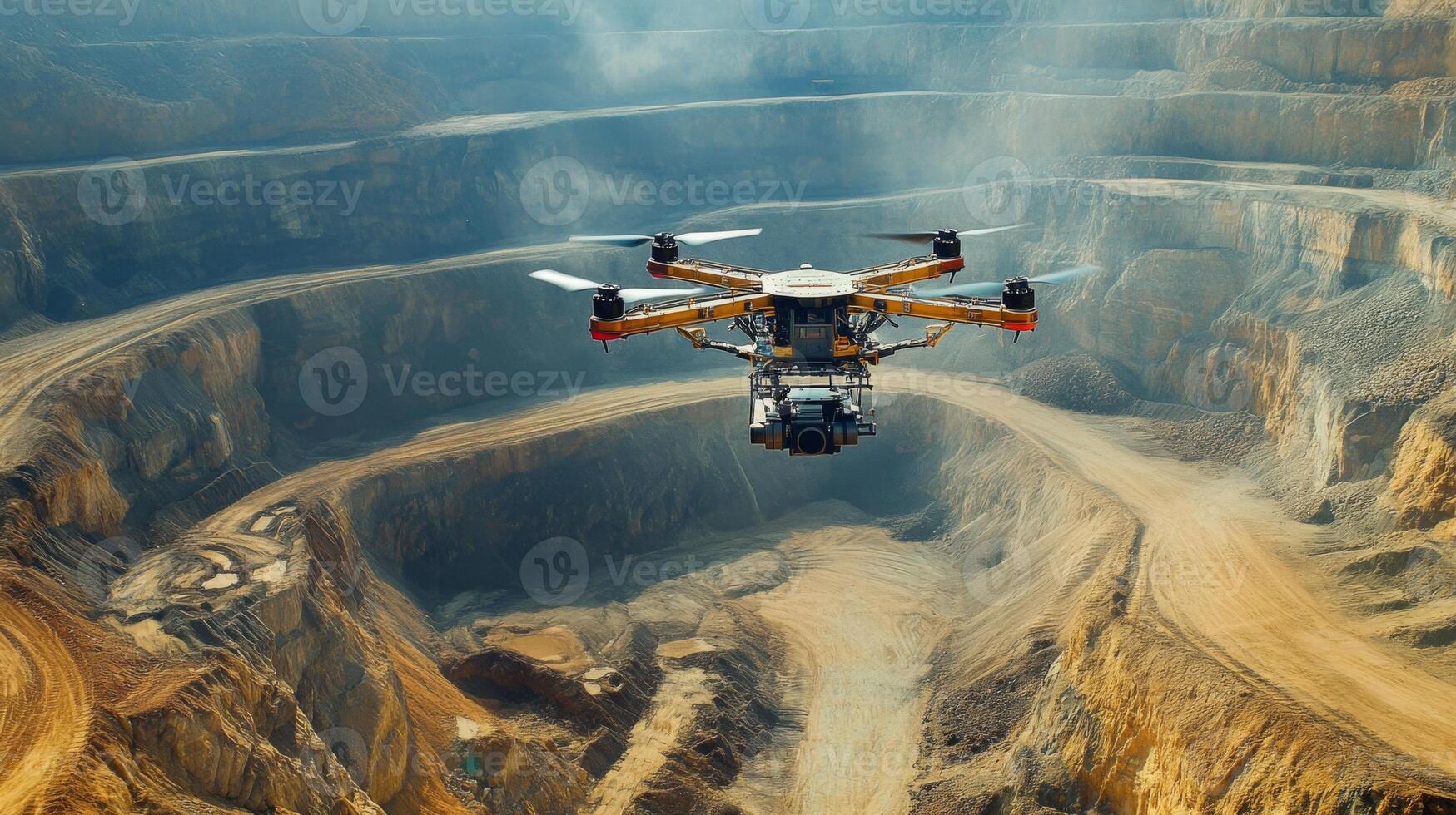 A drone operates above a sprawling gemstone mine, capturing detailed aerial views of the quarry intricate layers and earthwork. Sunlight reflects off the surrounding rocks and soil. photo