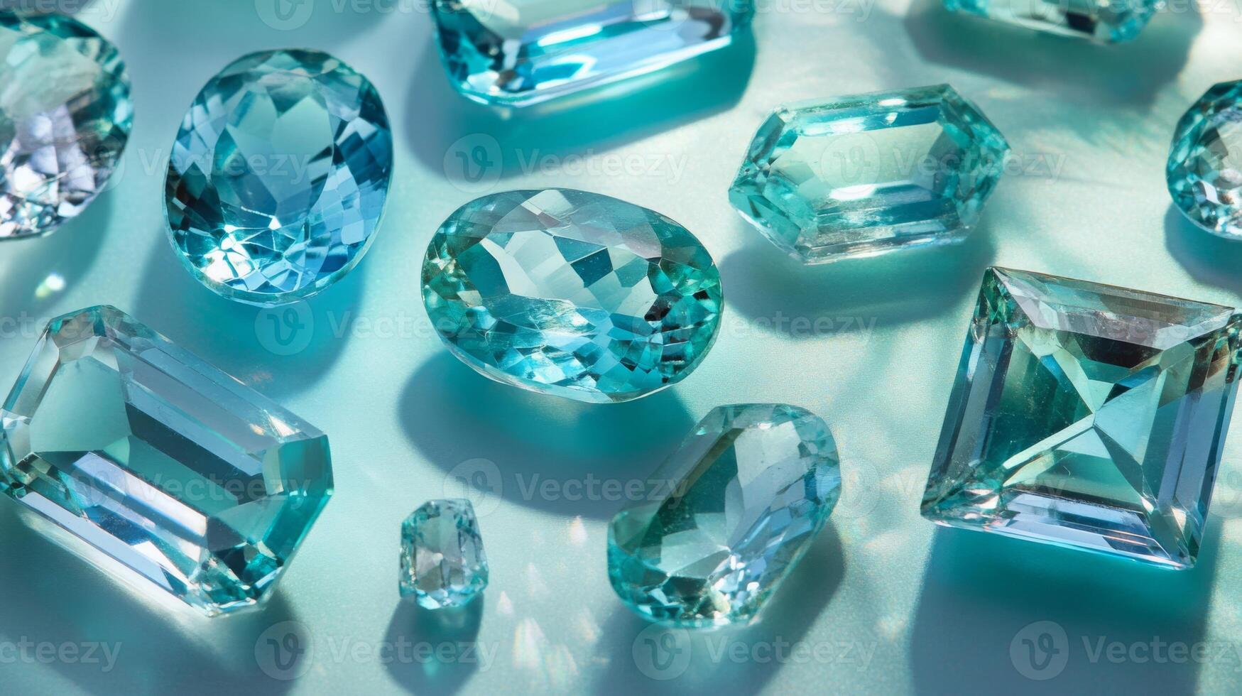 Several ai gemstones in shades of turquoise glisten under soft lighting, showcasing their intricate cuts and reflections, arranged artistically on a smooth, reflective surface. photo