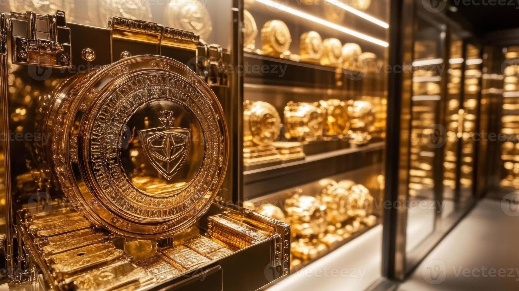 A stunning collection of ornate golden artifacts is highlighted in a contemporary exhibit. The display features intricately designed pieces encased in sleek glass, emphasizing the craftsmanship. photo