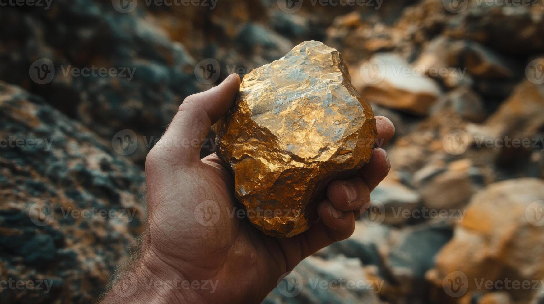 A hand holds a large golden gemstone amidst rocky surroundings. The natural sunlight highlights the gemstone's shiny surface, showcasing its vibrant color and unique formation in a rugged landscape. photo