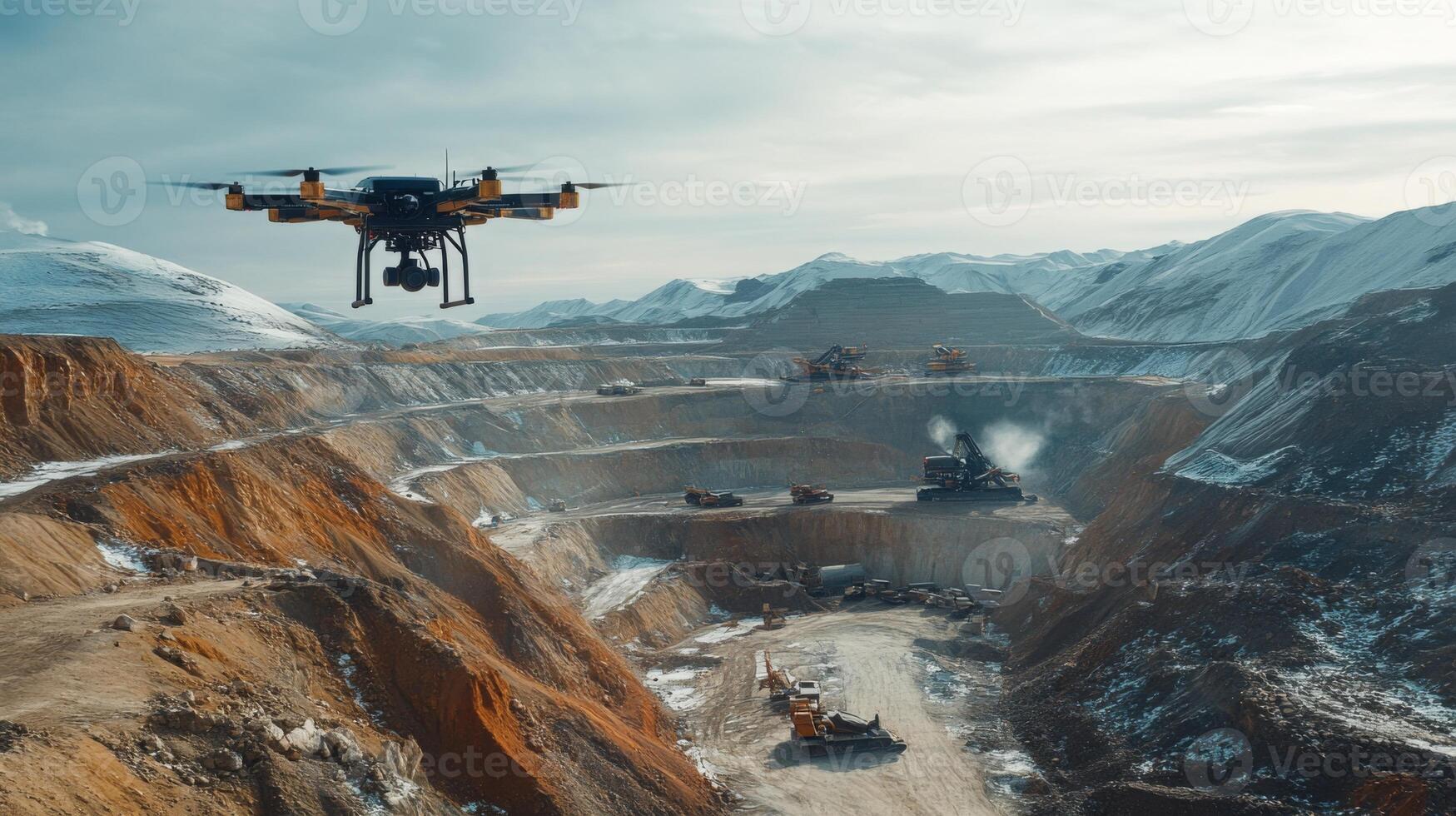 A drone hovers above a gemstone mining area nestled in mountains, capturing the vast open pit surrounded by equipment and machinery. The landscape features rocky surfaces and snow-capped peaks. photo