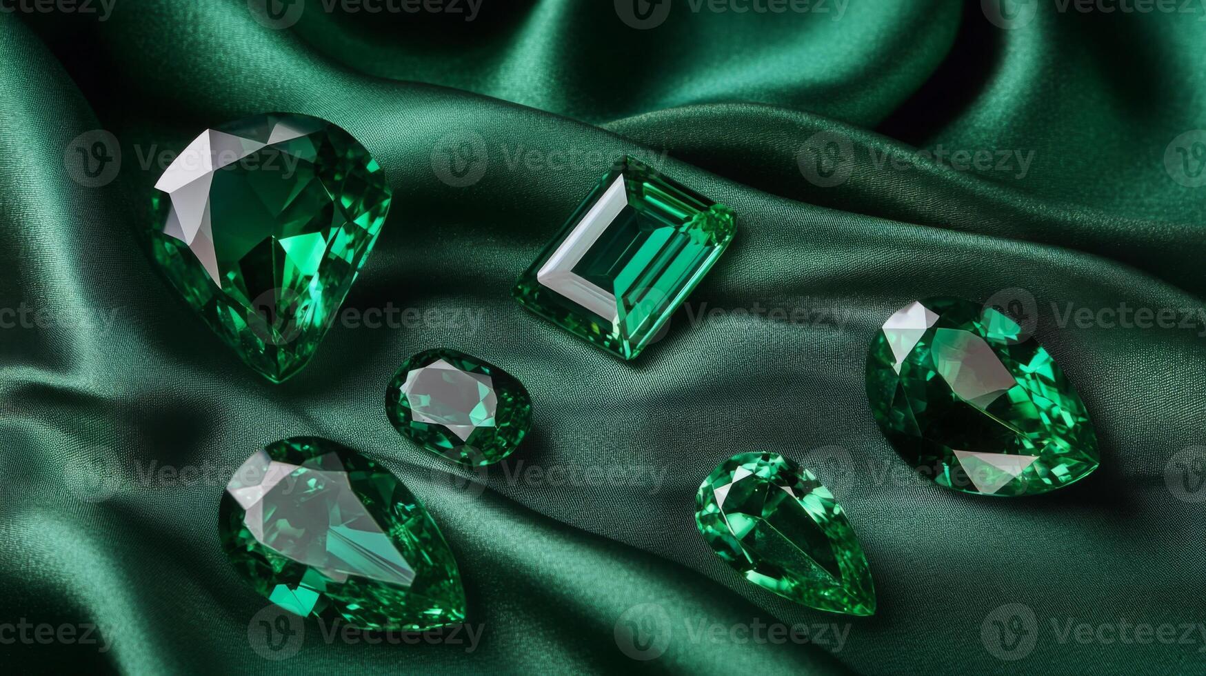 Multiple green gemstones are elegantly arranged on luxurious dark green fabric. photo