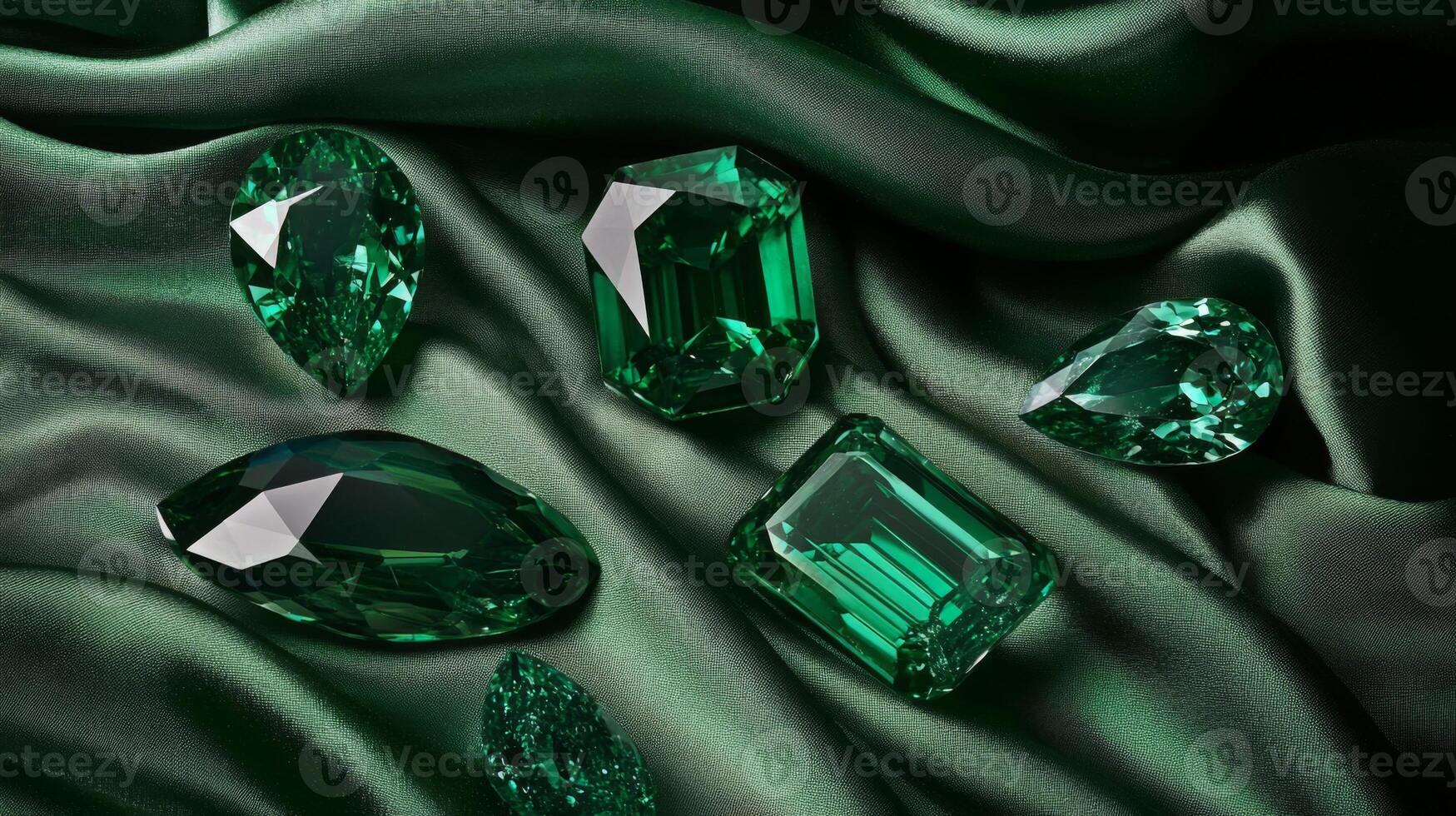 A beautiful arrangement of sparkling green gemstones rests on deep green fabric. Various cuts and shapes of the stones reflect light, showcasing their captivating beauty and intricate designs. photo