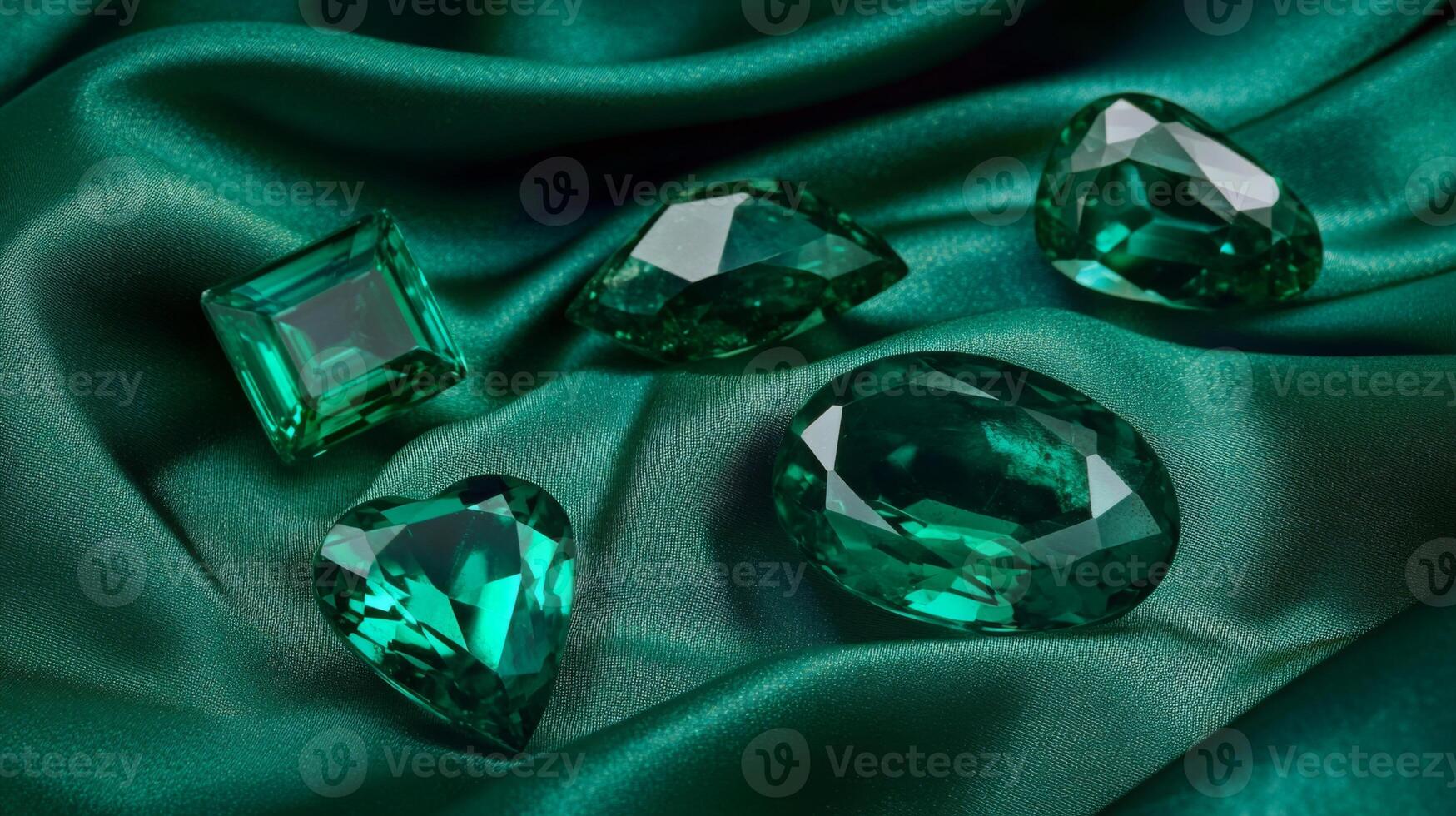 Several beautiful green gemstones are showcased on a rich, emerald-colored fabric. The arrangement highlights the brilliance and variety of the stones, creating an eye-catching composition. photo