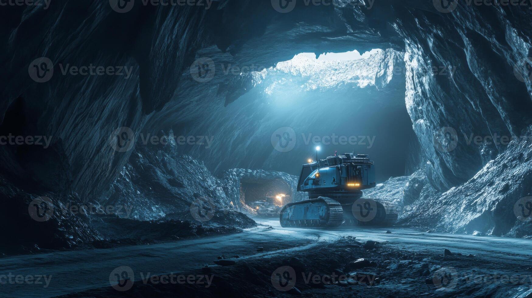 Deep in a remote cave, heavy mining equipment operates to extract valuable gemstones from stone. Dim blue lighting enhances the mysterious atmosphere of this underground operation. photo