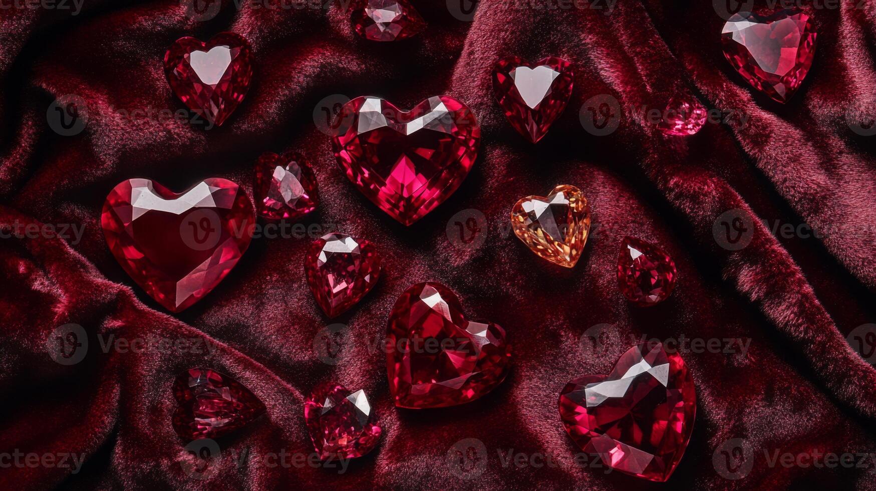 A collection of heart-shaped red gemstones is artistically arranged on deep red velvet fabric. The various sizes of the gemstones reflect light beautifully, creating an elegant display. photo