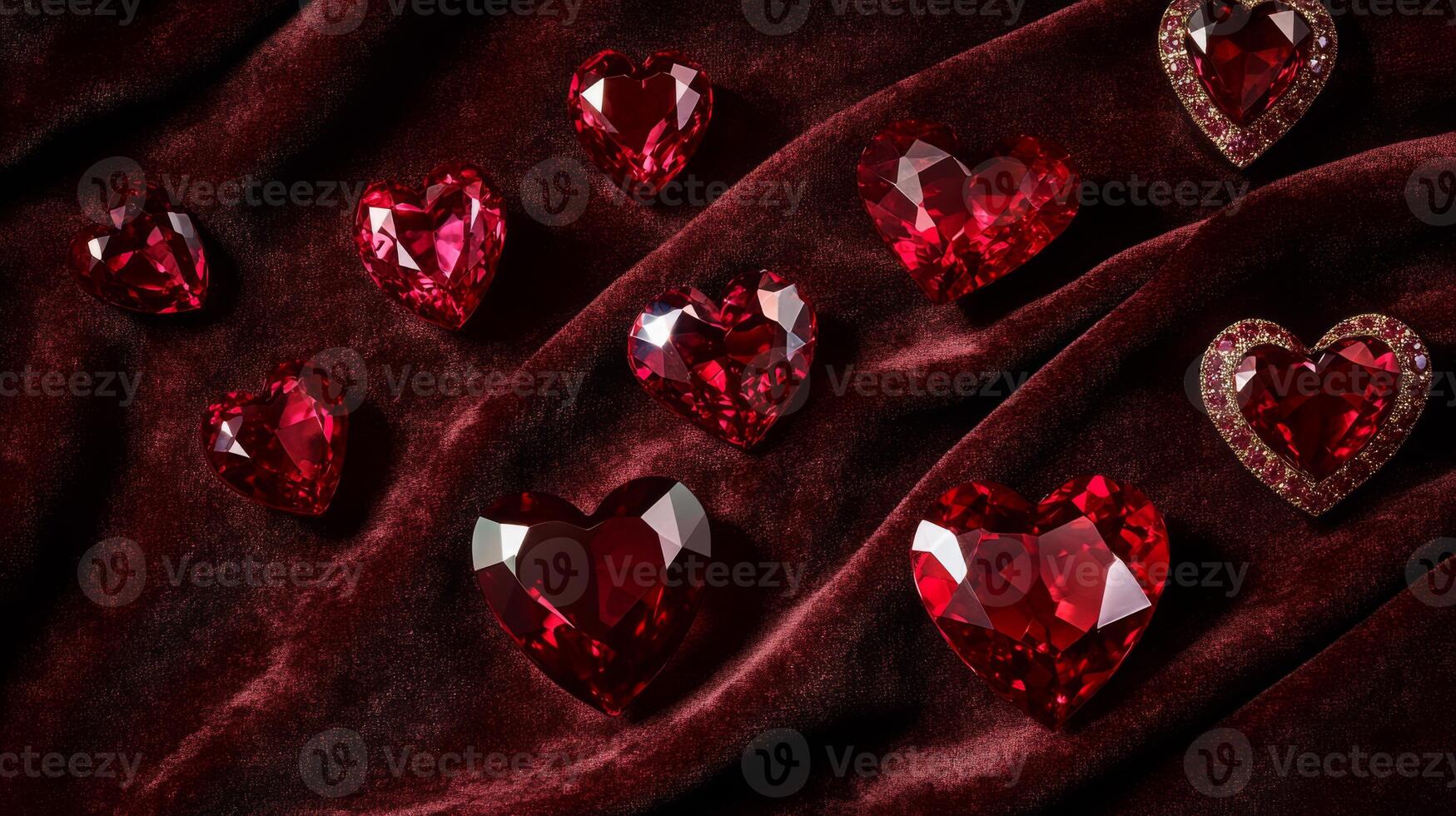 Shimmering red gemstones in various heart shapes are arranged on a rich, dark fabric. The collection sparkles, showcasing their unique cuts and brilliance. The ambience suggests romance and luxury. photo
