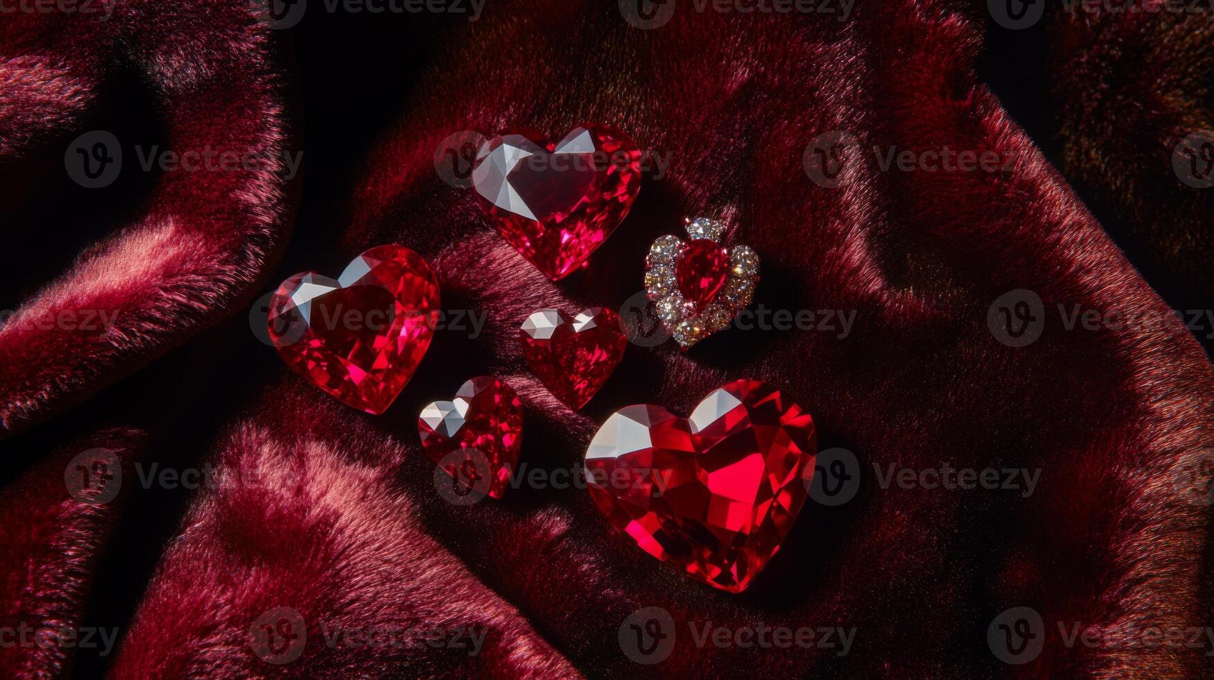A collection of red heart-shaped gemstones is beautifully arranged on soft, luxurious fabric. photo