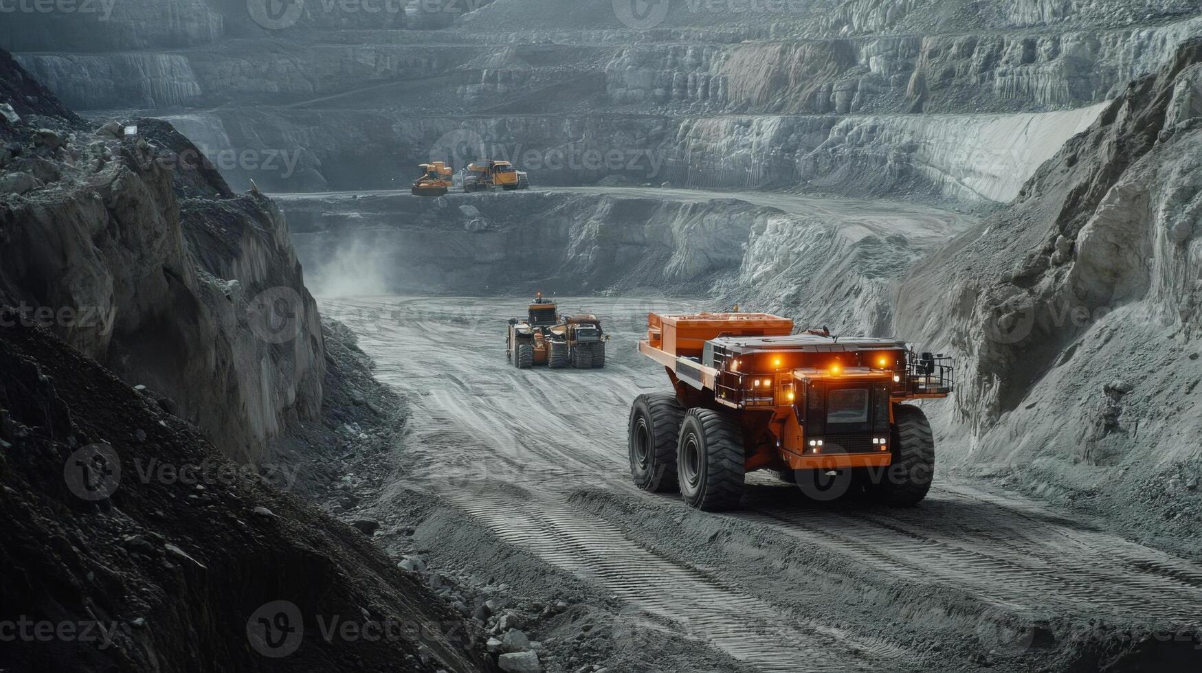 Large trucks transport materials in a gemstone mine surrounded by steep, rocky terrain. Dust rises as machinery works diligently in the remote, rugged location amidst overcast weather. photo