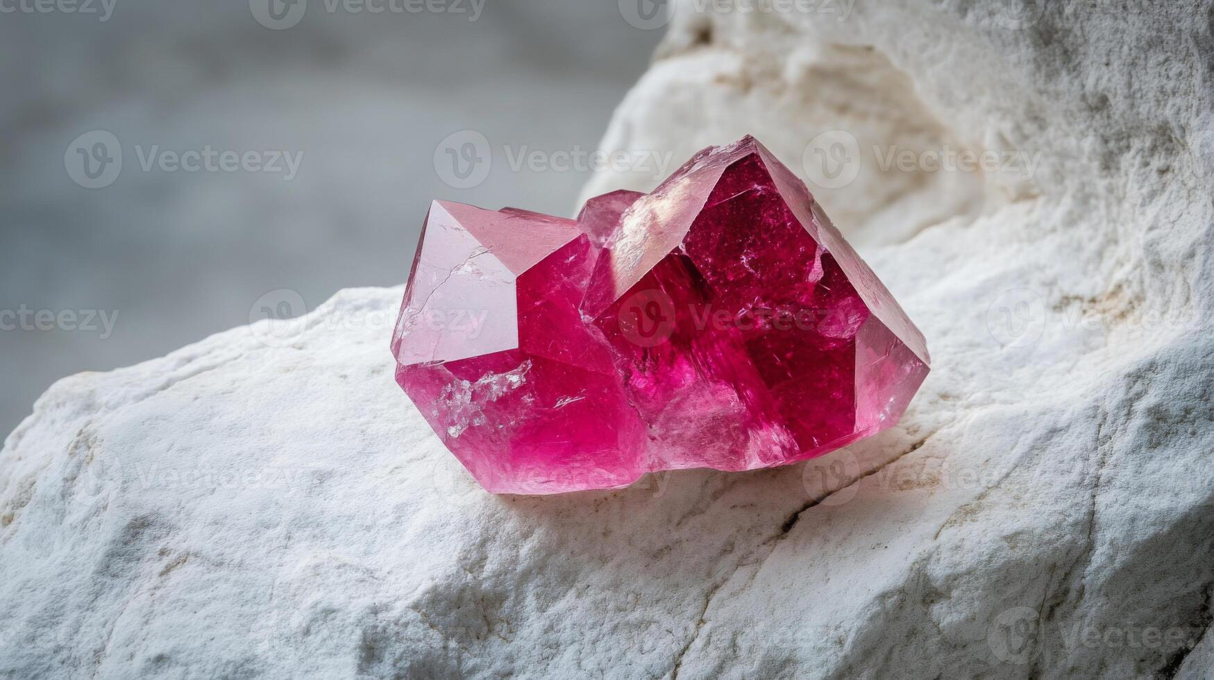 This striking red gemstone features a beautifully formed crystalline structure, resting on a natural stone surface. The vibrant color and transparency highlight its unique qualities and beauty. photo