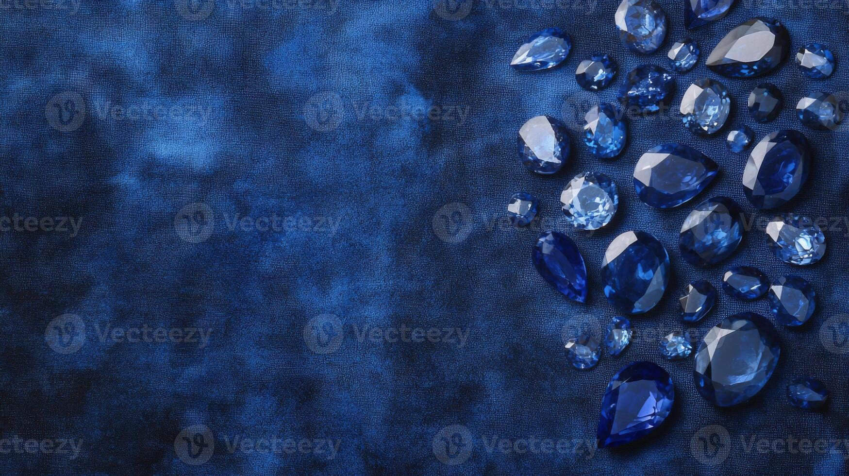Sapphires and various gemstones lay scattered on a deep blue fabric, highlighting their stunning colors and cuts. The arrangement showcases the elegance and allure of each unique stone. photo