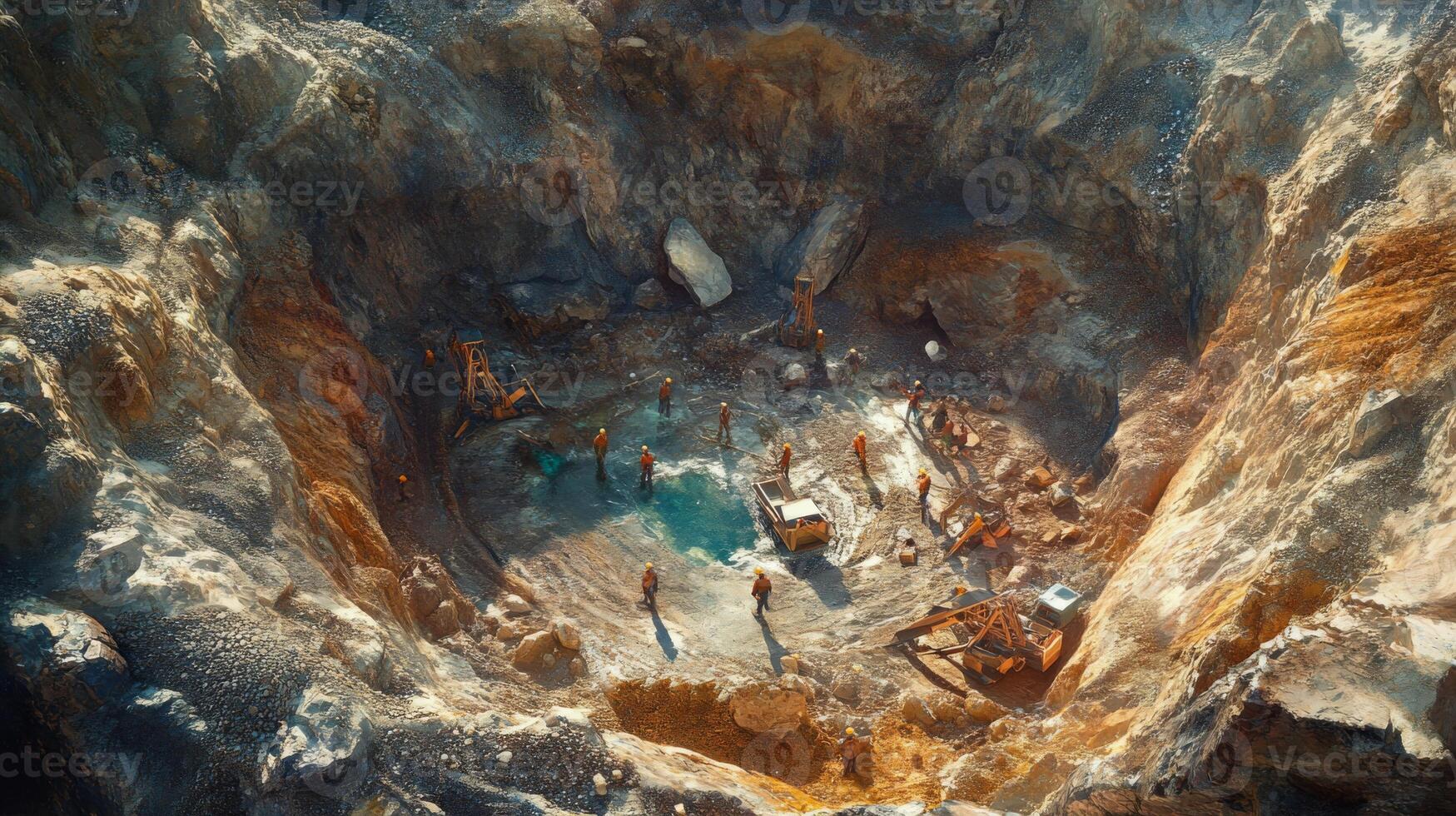 Miners are busy extracting gemstones from a deep mining site. The area features rocks, machinery, and a pool of water, illustrating the challenging conditions and labor involved in the process. photo