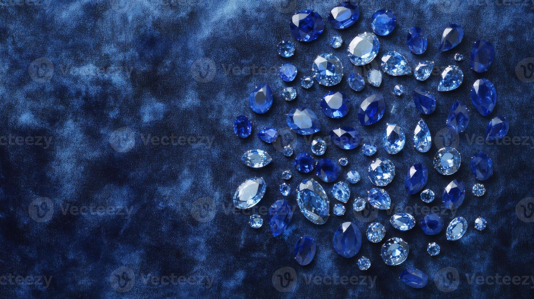 A captivating collection of blue gemstones in various cuts and shapes is artistically displayed on a rich blue fabric. photo