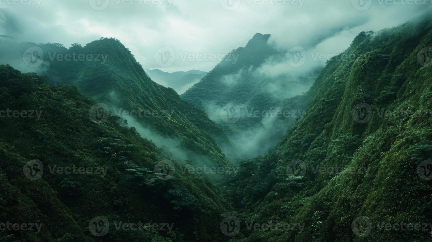 Mysterious mountains rise dramatically, shrouded in mist and rich vegetation, creating a serene atmosphere in the valley. The lush greenery evokes a sense of tranquility and natural beauty. photo