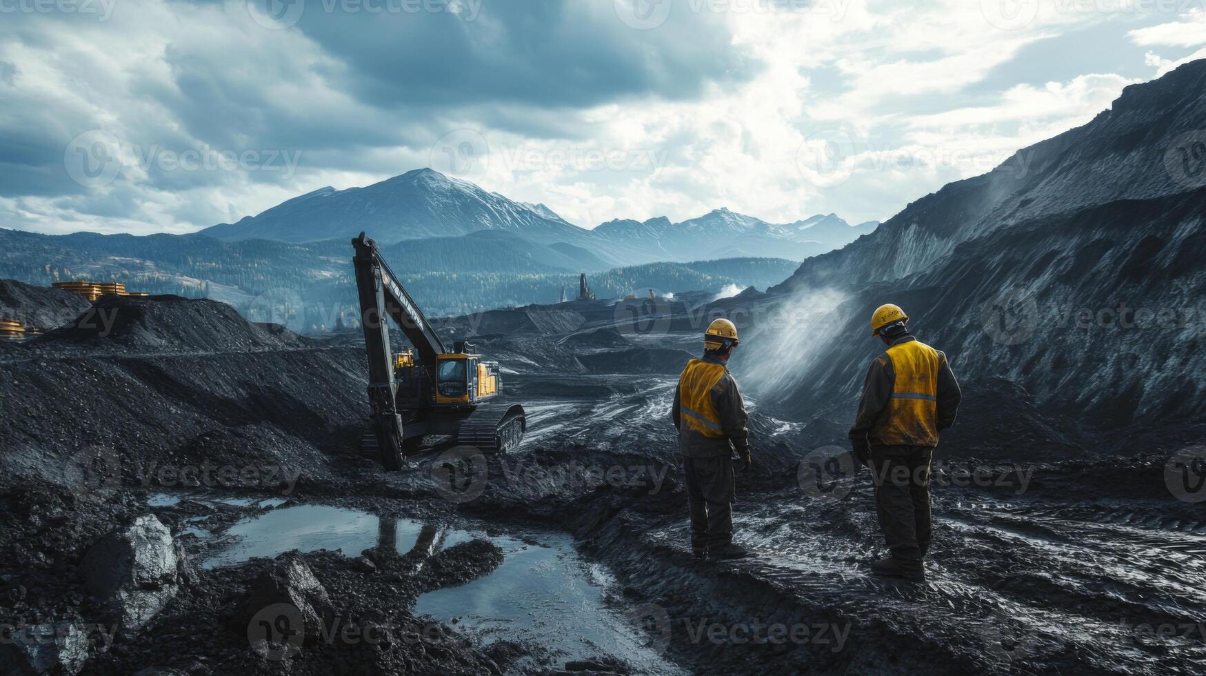 Two workers observe advanced machinery extracting gemstones in a mountainous area under a dramatic sky. The remote location showcases the blend of technology and nature in the mining process. photo