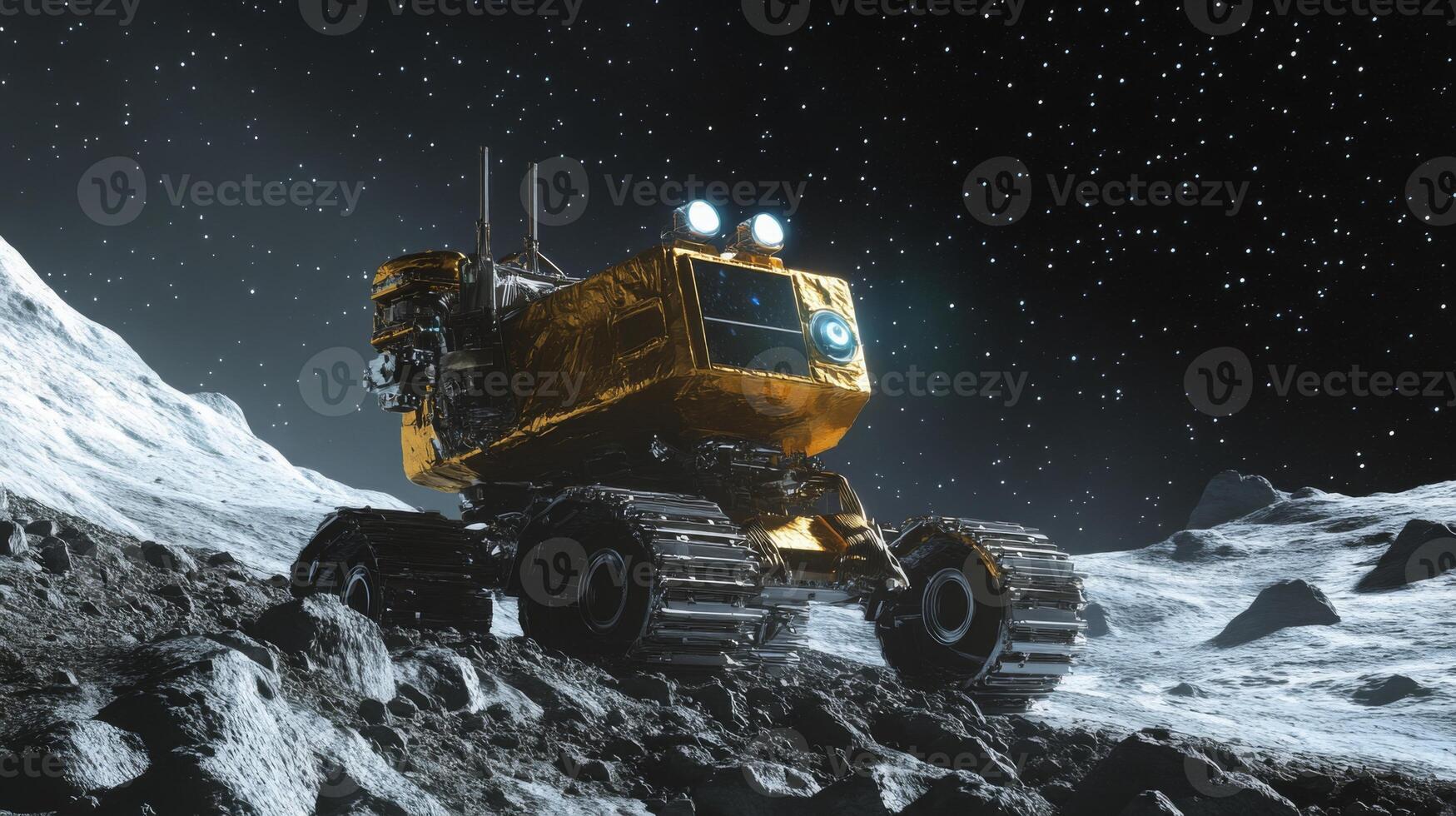 A robotic exploration vehicle maneuvers across the moon's rugged terrain at night. Equipped with advanced technology, it searches for precious gemstones while illuminated by its powerful lights. photo