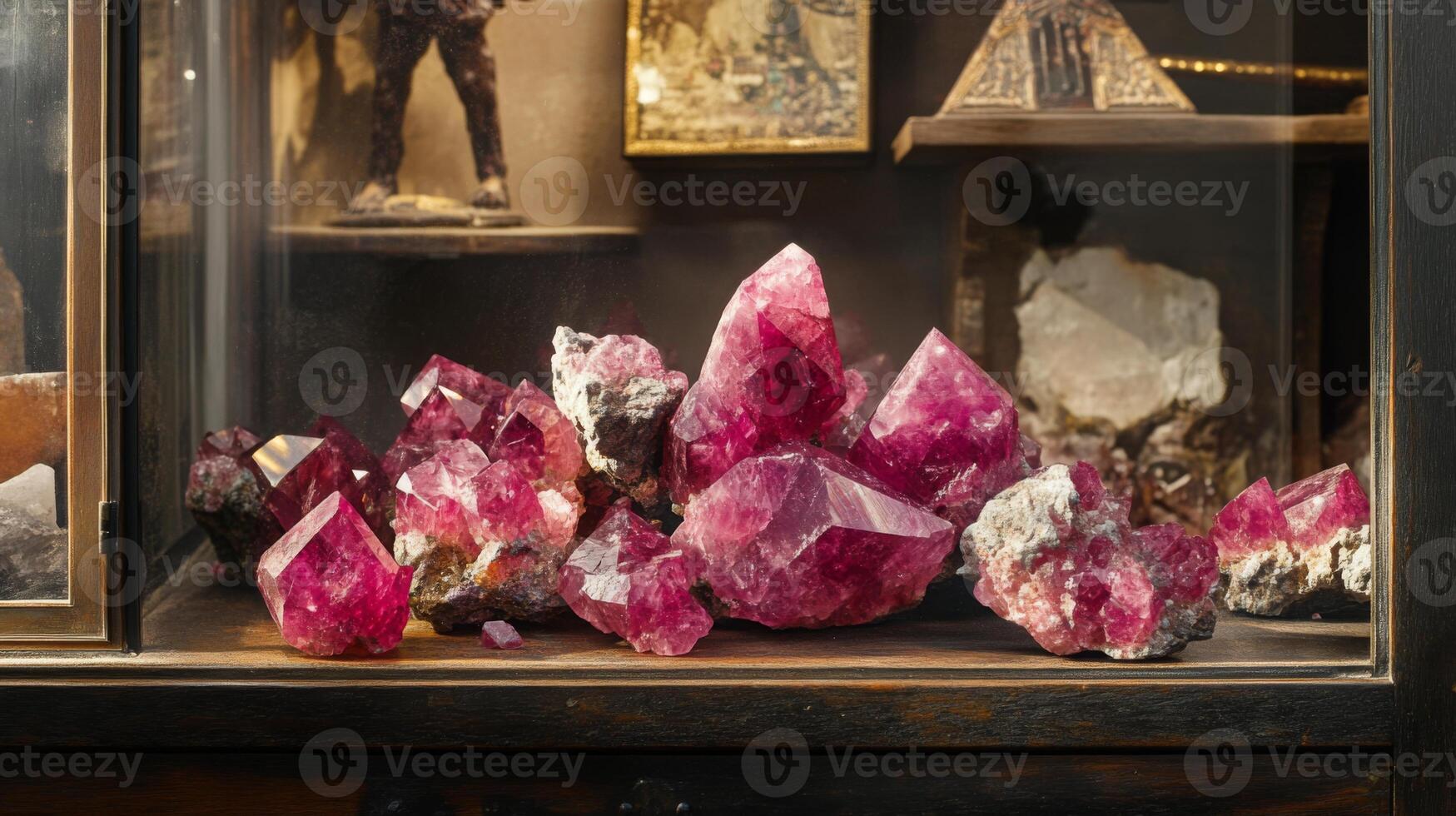Bright pink gemstones with unique crystal formations are prominently displayed in a glass showcase at a geological exhibition. photo