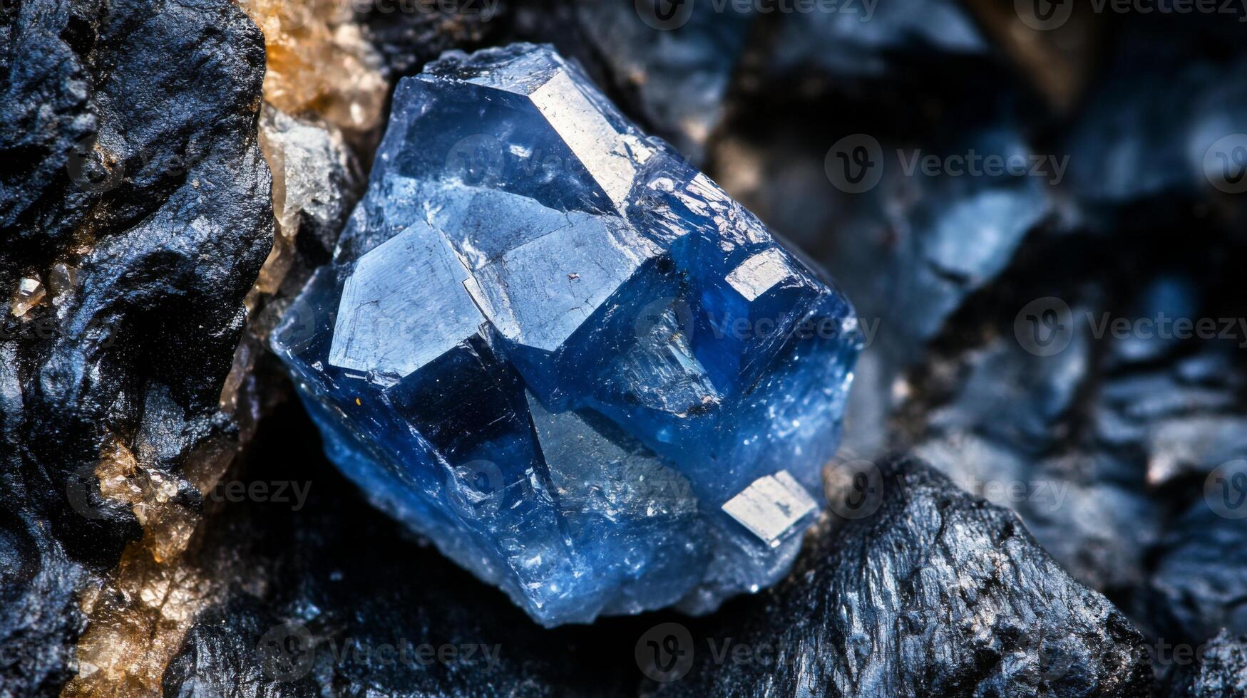 A captivating blue gemstone glimmers with metallic highlights, embedded within a rugged, dark mineral backdrop. The gemstone's facets catch light, enhancing its vivid color and sheen. photo