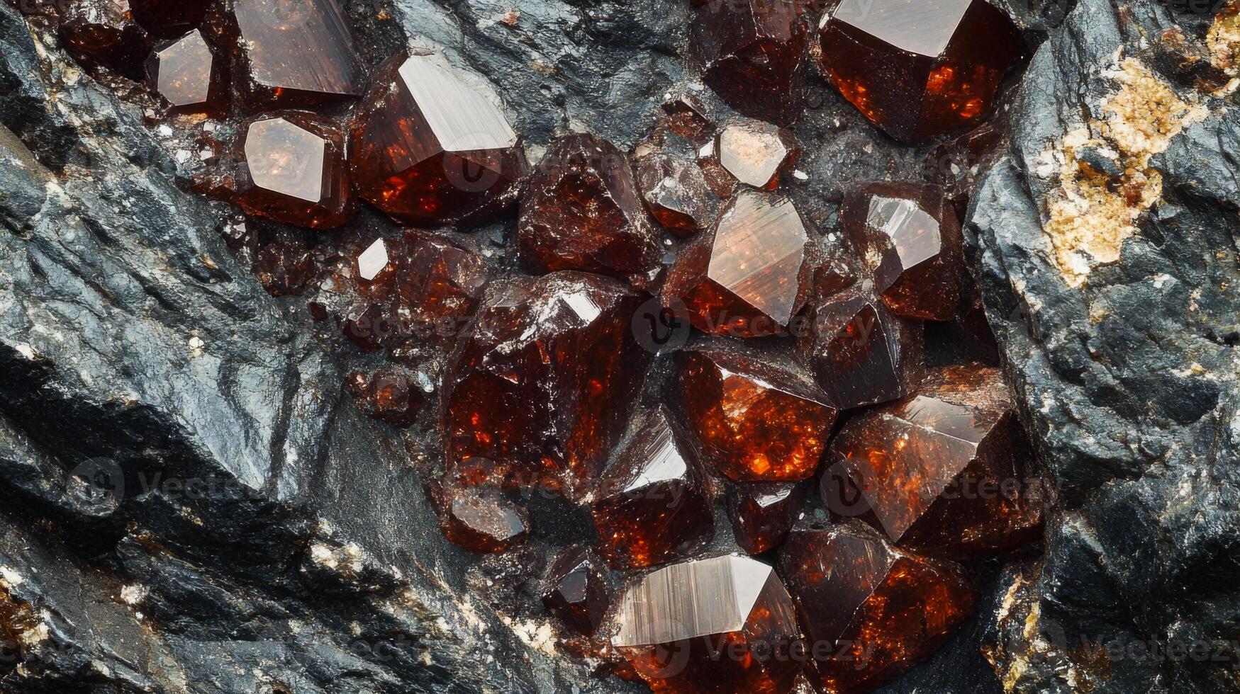Clusters of deep red gemstones are vividly embedded in rough, dark volcanic rock. The unique textures and shapes of the gems highlight their natural beauty, showcasing mineral diversity in geology. photo