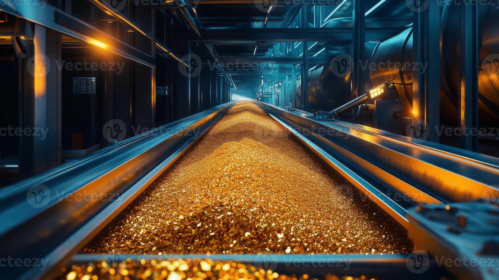 In a modern processing facility, a conveyor belt carries mounds of shimmering gold and gemstones under dramatic lighting. The environment is bustling with activity as workers oversee operations. photo