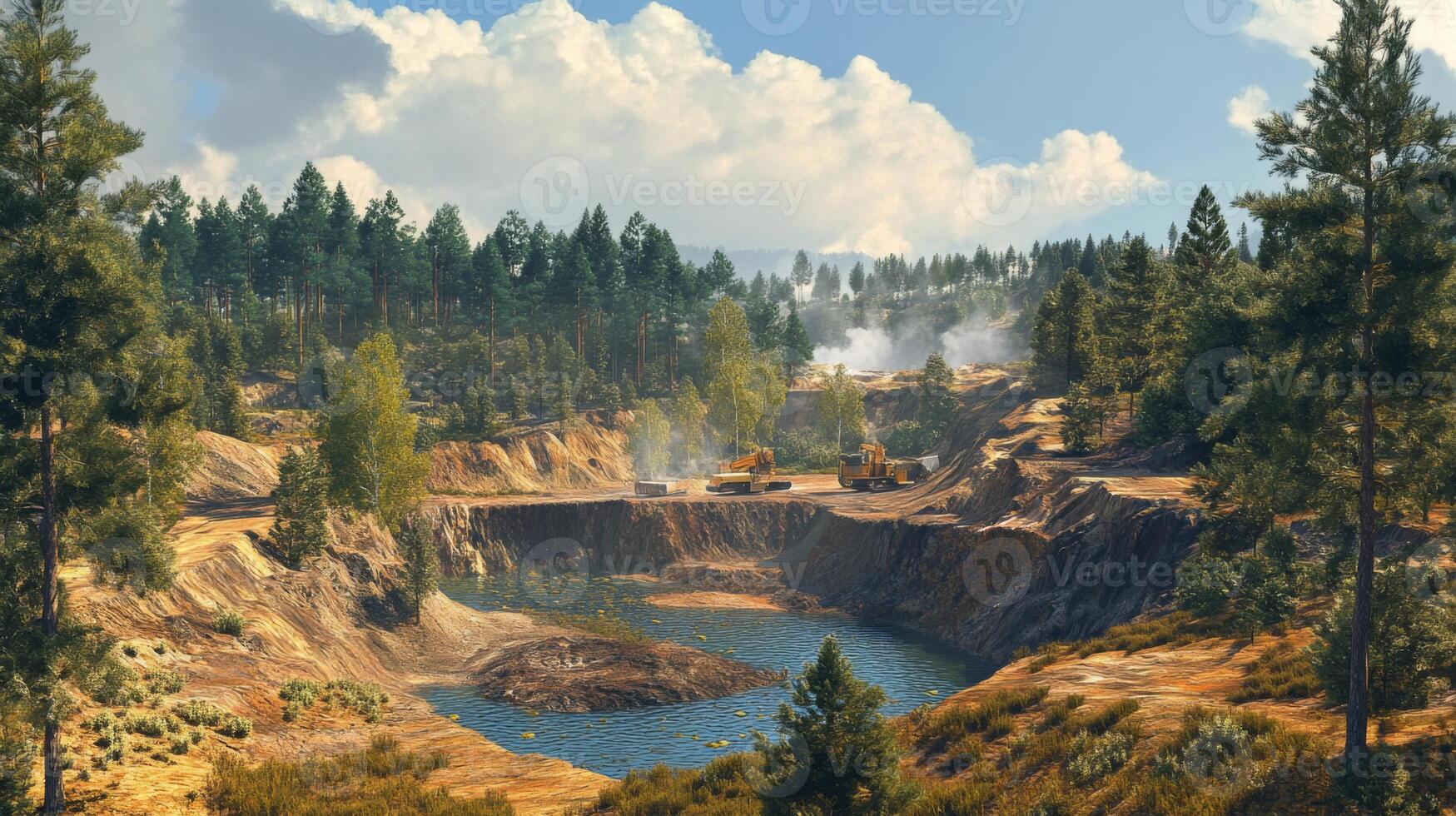 Excavators work at a gemstone mining location with a tranquil lake in the foreground, framed by green trees under a bright sky with scattered clouds. photo