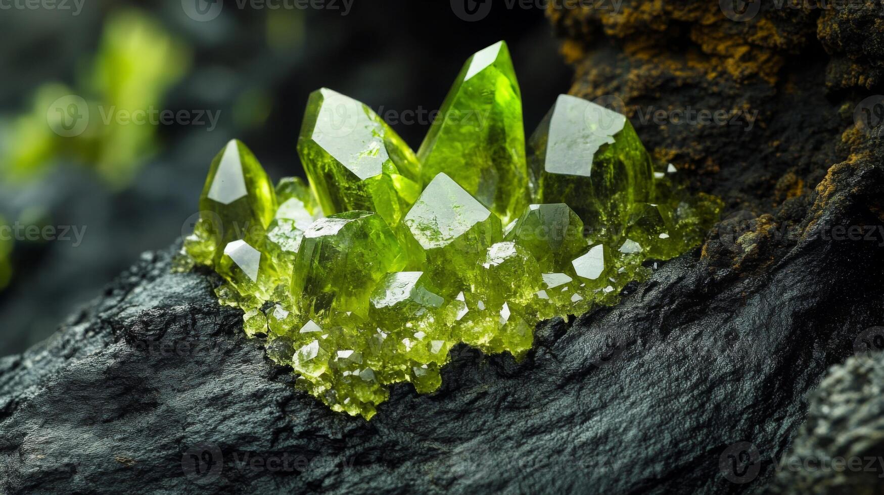 Bright green crystals burst from a dark rock base, displaying sharp, angular shapes. The striking contrast highlights the vibrant hue of the gemstones against the rugged texture of the stone. photo