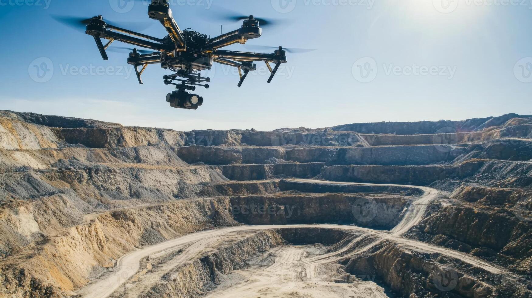 A drone hovers above a large gemstone mining site, capturing aerial views of the multi-layered excavation. The clear sky and sun highlight the extensive quarrying activity below, revealing raw earth. photo