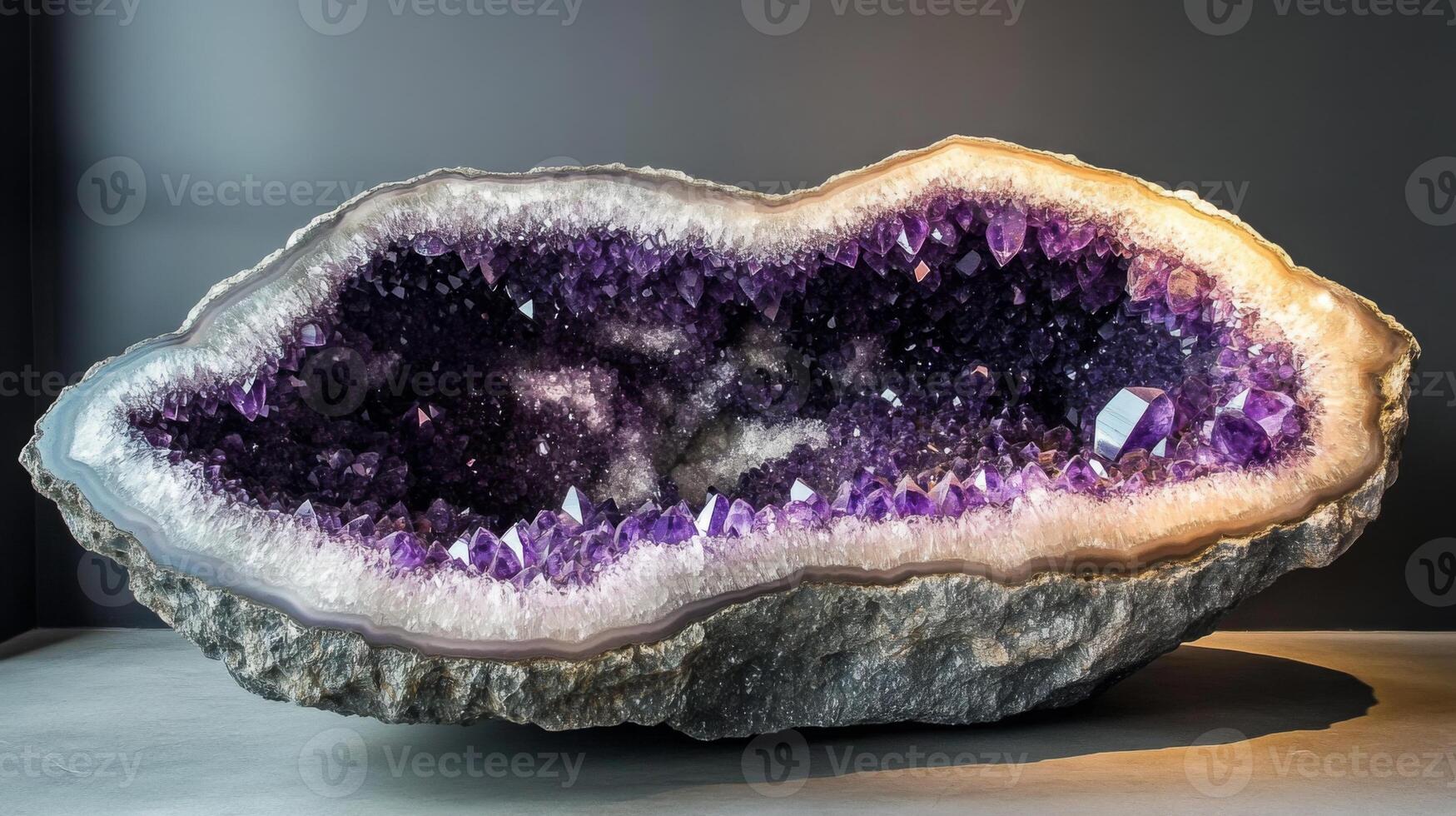 A large amethyst geode boasts vibrant purple crystals and a shimmering surface. The piece is placed against a neutral background, highlighting its natural beauty and intricate details. photo