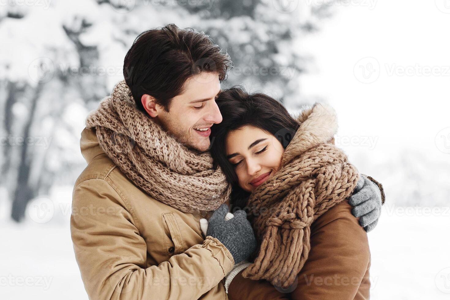 Winter Morning Date. Sweet Couple Hugging Standing In Snowy Forest Walking Outdoor photo