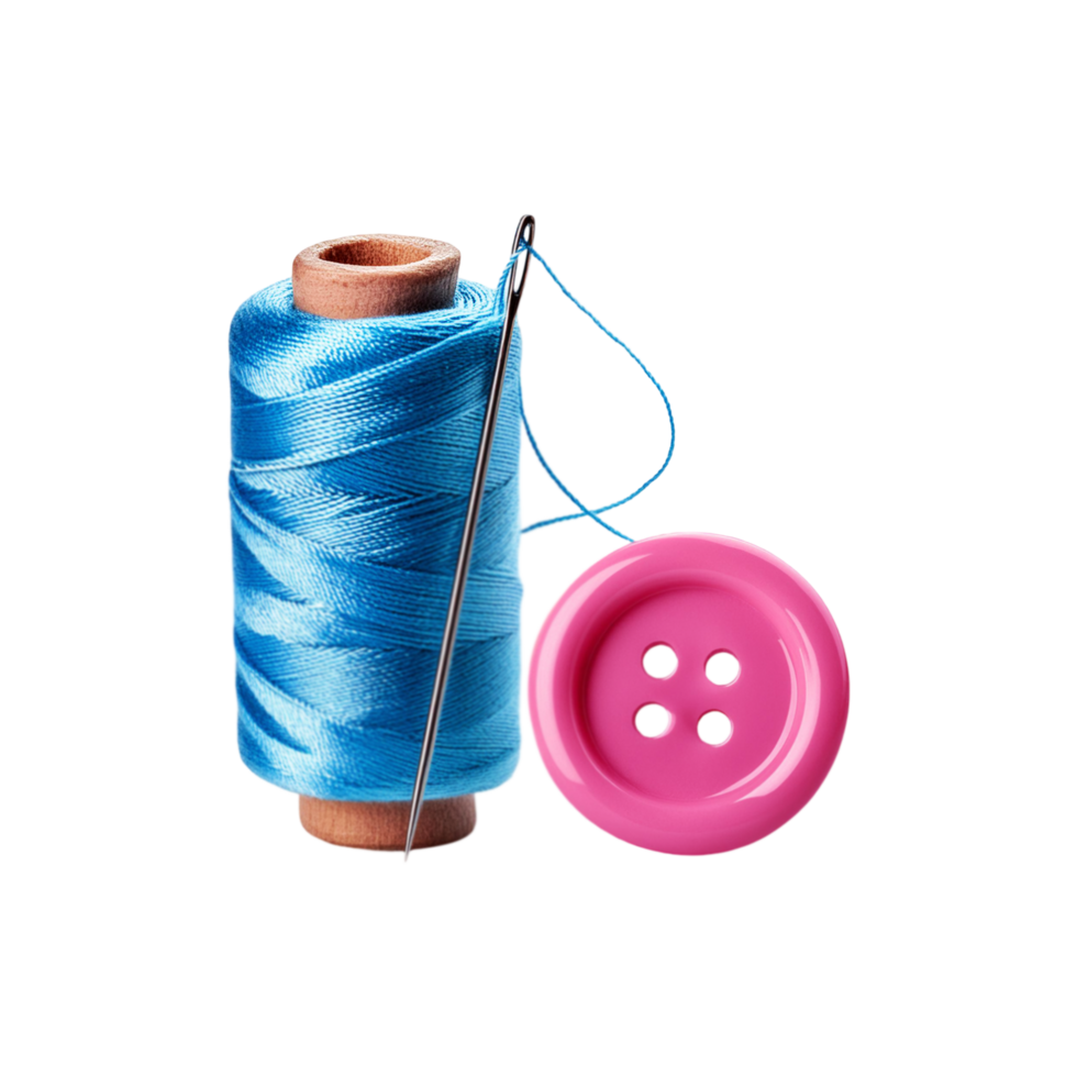 Realistic Skyblue sewing thread with pink cloths button on transparent background png