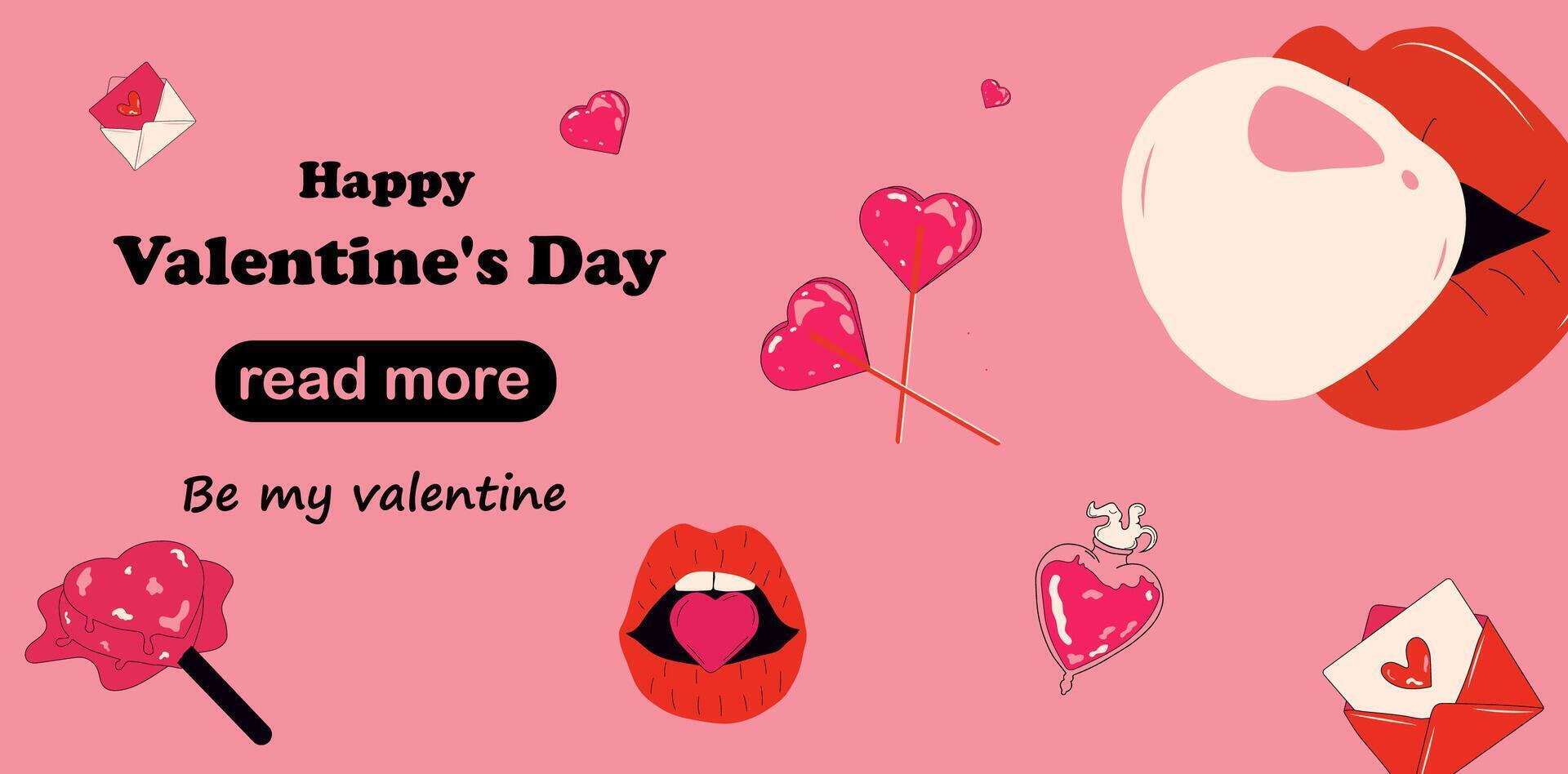 Web page design template. Set of cute love stickers. Happy Valentine's Day vector