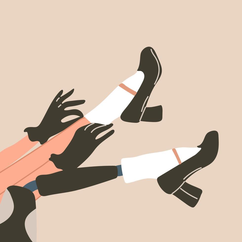 Female legs, including a prosthetic leg, are styled with elegant shoes and lace socks in a retro fashion vector