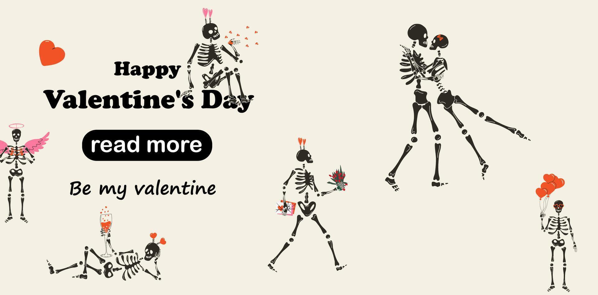 Web page design template. Set of Funny Skeletons with decor for Valentine's day. Cute character Skeleton Bones. Happy Valentine's Day vector