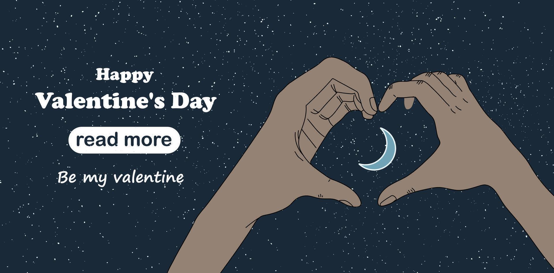 Web page design template. Hands show heart on moonlit night. Love Concept. Happy Valentine's Day vector