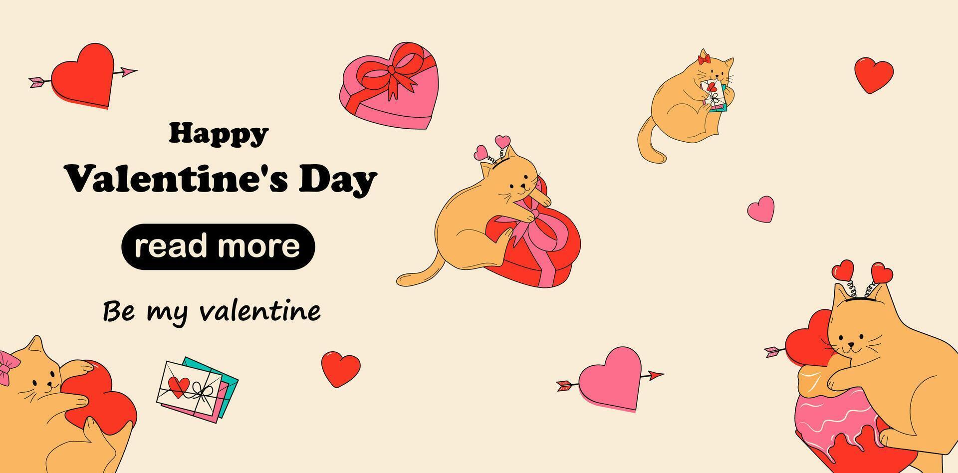Web page design template. Set of Cute cats with valentines decorations. Happy Valentine's Day vector