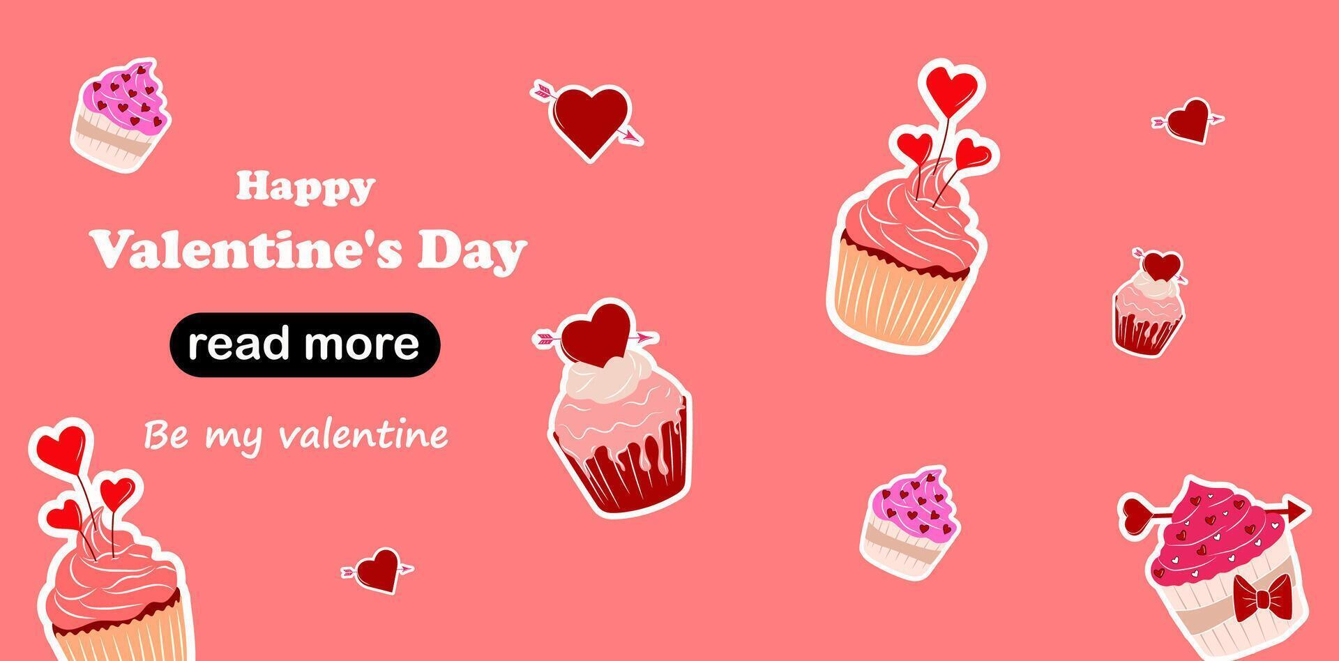 Web page design template. Set of four Valentine's Day cupcakes. Love Concept. Happy Valentine's Day vector