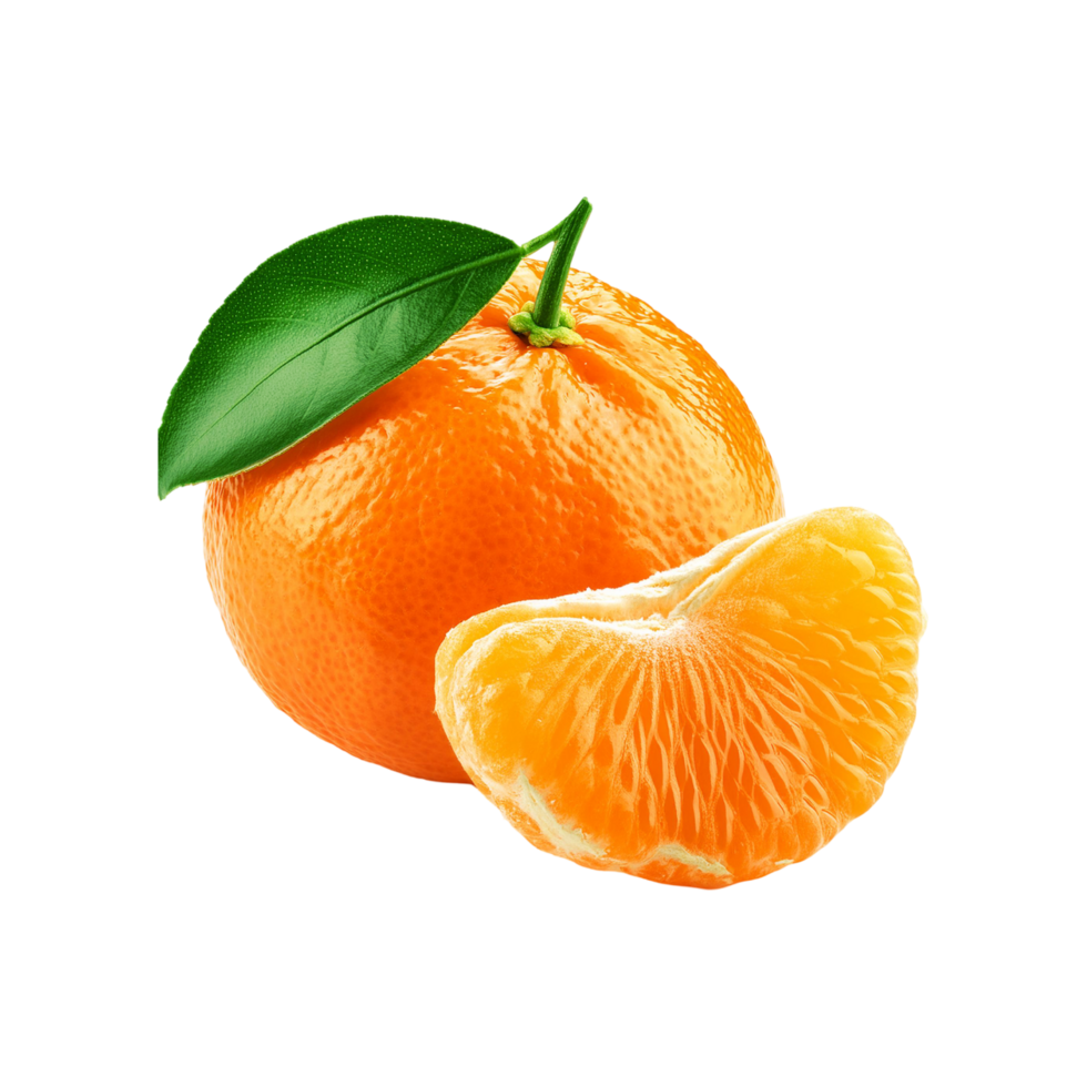 Fresh Mandarin orange fruit with slice and leaf on transparent background png