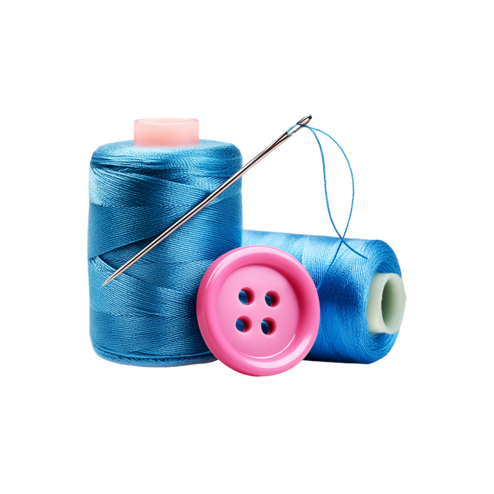 Skyblue sewing thread with pink cloths button on transparent background png