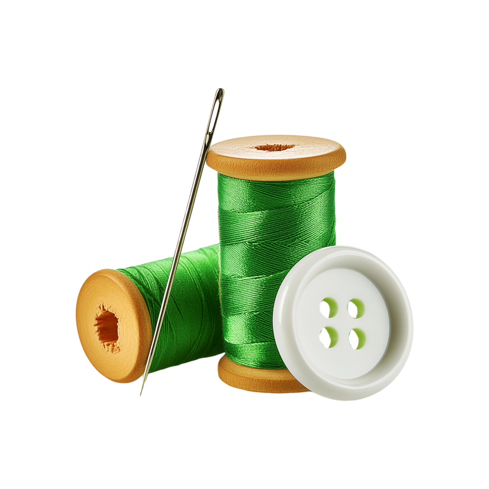 Realistic Green sewing thread with needle on transparent background png