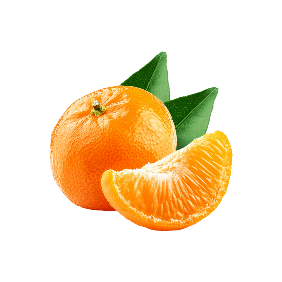 Mandarin orange fruit with slices and leaf on transparent background png