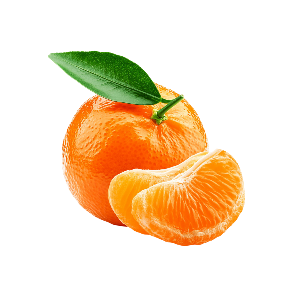 Mandarin orange with slice and leaf on transparent background png