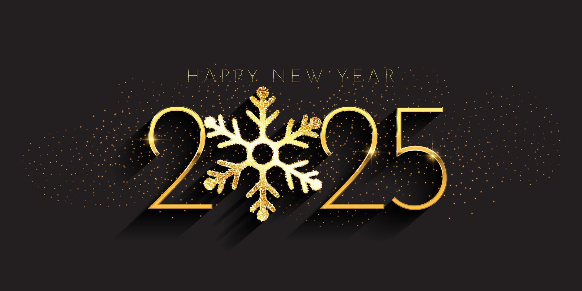 Happy New Year banner with gold glittery snowflake design vector