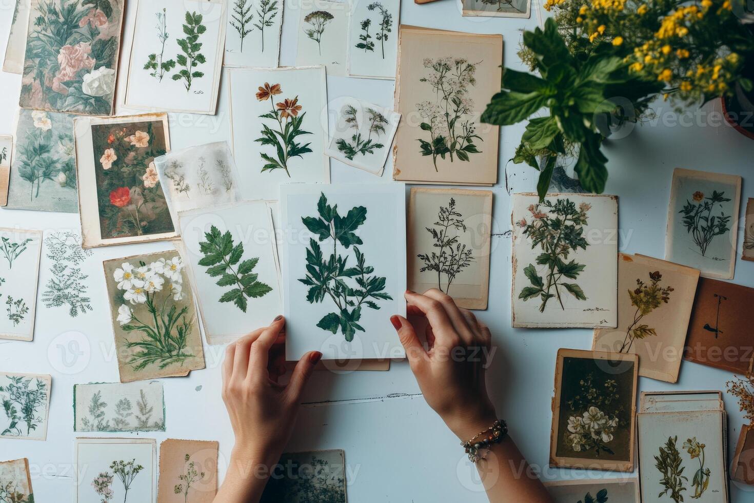 Female hands arranging vintage botanical illustrations on table with greenery and flowers photo